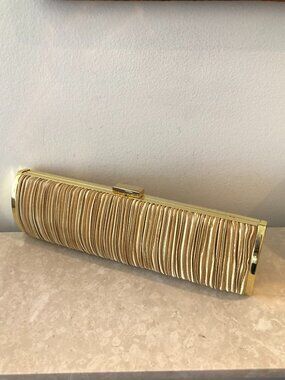 Gold Satin Ribbed and Metal frame Rectangular Evening Formal Clutch Purse